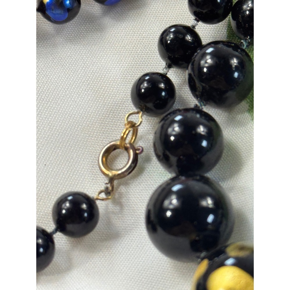 Vintage Black Blue Gold Splatter Art Glass Beaded Graduated Necklace 28 Inch‎ - Picture 5 of 7